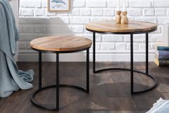 Industrial 2er Set Beistelltische ELEMENTS 60cm Mangoholz massiv rund schwarzes Metallgestell