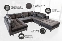 Moderne XXL Wohnlandschaft KENT 305cm grau Samt Bigsofa inkl. Hocker Federkern