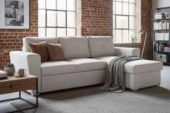 Ecksofa mit Schlaffunktion APARTMENT beidseitig aufbaubar beige Strukturstoff inkl. Stauraum