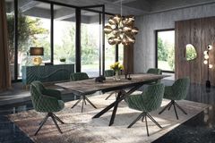 Drehbarer Design Stuhl EUPHORIA dunkelgrün Samt mit Armlehne Metallgestell schwarz