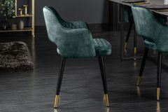 Eleganter Stuhl PARIS petrol Samt Ziersteppung Fußkappen gold Retro-Design mit Armlehnen
