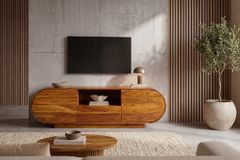 Massives TV-Board ORGANIKO 160cm braun Sheeshamholz stone finish ovales Lowboard