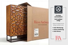 Massivholz Highboard VULCANO 120cm braun Mangoholz mit 3D Schnitzereien handmade Metallgestell schwarz