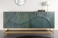 Massives Sideboard SCORPION 180cm türkis Mangoholz gold Metall 3D Schnitzereien