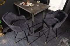 Design Barhocker PARIS grau Samt mit Lehne Metall schwarz gold Ziersteppung