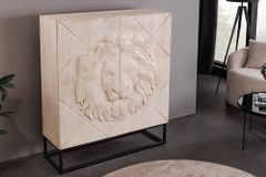 Massives Highboard LION 120cm creme Mangoholz schwarz Metall 3D Schnitzereien Kunstwerk