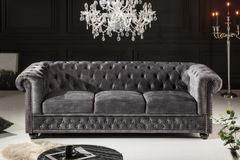 Chesterfield 3-Sitzer Sofa 205cm grau Samt Federkern Knopfheftung