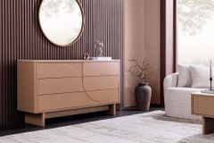 Design Sideboard SAVOY 150cm grau beige greige Keramik Travertin mit sechs Schubladen