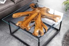 Industrial Couchtisch TEAK ROOT 70cm braun Teakholz Metall Glastisch handmade