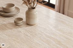 Ovaler Esstisch UNIQUE 200cm beige natur Travertin Eiche mit Säulenfuß