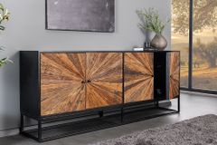 Massives Sideboard BARRACUDA 180cm braun Mangoholz mit Teakholz-Front schwarz Metall