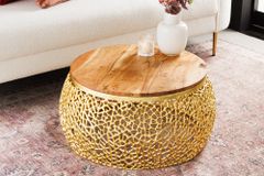 Runder Couchtisch ABSTRACT LEAF 75cm gold Metall massiv Akazienholz filigrane Handarbeit