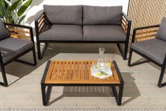 Outdoor Garten-Sitzgruppe PURE grau natur Akazie schwarz Metall inkl. Tisch Sitzpolster