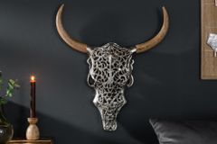 Extravagante Wanddekoration EXOTIC BULL 60cm silber Mangoholz Stierkopf
