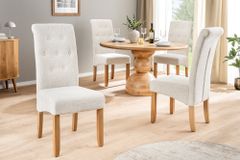 Design Stuhl CASA beige Bouclé Tweed Soft Massivholzbeine Zierknöpfe und Nackenrolle