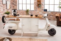 Extravaganter Barschrank SCOOTER 250cm weiß Retro-Konsole Motorroller mit Mangoholz Upcycling