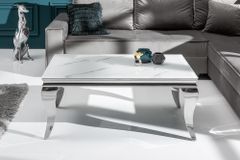 Eleganter Couchtisch MODERN BAROCK 100cm Glasplatte in Marmoroptik Edelstahlbeine