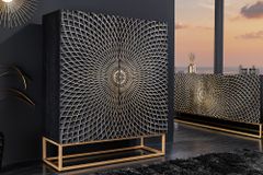 Design Highboard ILLUSION 120cm schwarz Mangoholz Massivholz mit 3D Schnitzereien gold Eisen Metallgestell