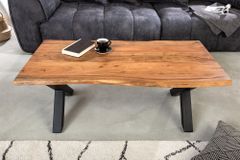 Massivholz Couchtisch MAMMUT 120cm Akazie Honey Finish X-Gestell schwarz 2,5cm Tischplatte