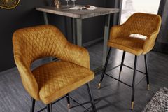 Design Barhocker PARIS senfgelb Samt mit Lehne Metall schwarz gold Ziersteppung