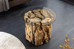 Handgearbeiteter Couchtisch RIVERSIDE 60cm Teakholz runde Glasplatte Massivholz