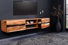 Hängendes TV-Lowboard AMAZONAS 160cm braun Sheesham Massivholz Baumkante Metall schwarz
