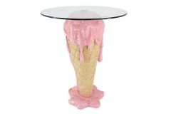 Einzigartiger Bistrotisch ICE CREAM 75cm beige rosa runde Tischplatte Glas handmade