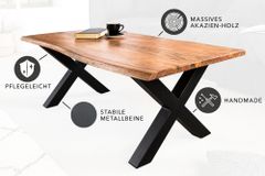 Massivholz Couchtisch MAMMUT 120cm Akazie Honey Finish X-Gestell schwarz 2,5cm Tischplatte