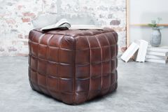 Retro Hocker RIDER 40cm braun Echtleder mit Ziersteppung