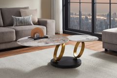 Design Couchtisch DANCING RINGS weiß braun rund drehbar Pandora Keramik gold