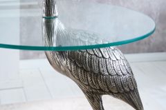 Runder Beistelltisch WILDLIFE HERON 90cm silber Metall Glas Fischreiher Skulptur handmade