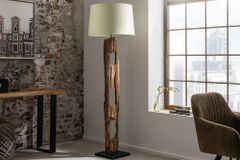 Massive Stehlampe BARRACUDA 177cm natur Akazienholz Baumwollschirm weiß Baumstamm