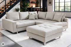 Wohnlandschaft KENT 220cm beige Strukturstoff  Ecksofa Federkern inkl. Hocker