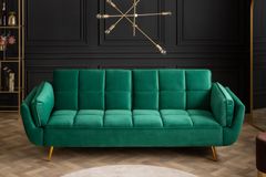 Retro Schlafsofa BOUTIQUE 215cm smaragdgrün Samt 3-Sitzer mit goldenen Füßen