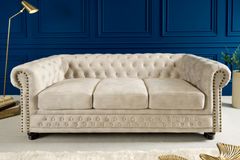 Chesterfield 3-Sitzer Sofa 200cm champagner beige Samt Federkern Knopfheftung