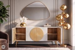 Massives Sideboard AURUM 180cm weiß Mangoholz mit ikonischem Gold-Element