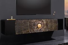 Hängendes TV-Lowboard GOLDEN SUNSET 160cm Mangoholz schwarz mit 3D Schnitzereien gold handmade
