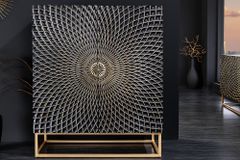Design Highboard ILLUSION 120cm schwarz Mangoholz Massivholz mit 3D Schnitzereien gold Eisen Metallgestell