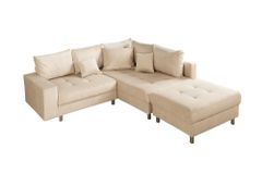 Moderne Wohnlandschaft KENT 220cm champagner beige Vogue Velours Samt Federkern mit Hocker