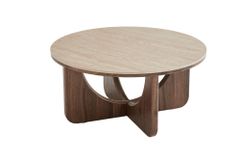 Runder Couchtisch ENSO 80cm champagner greige Travertin Keramik Walnussholz