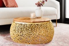 Runder Couchtisch ABSTRACT LEAF 75cm gold Metall massiv Akazienholz filigrane Handarbeit