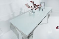 Eleganter Konsolentisch MODERN BAROCK 145cm weiß Edelstahlbeine Opalglas