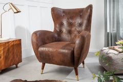 Retro Design Sessel DON antik braun goldene Fußkappen mit Federkern
