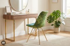 Design Stuhl SCANDINAVIA MEISTERSTÜCK grün Chenille gold Metall Monstera-Blatt