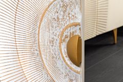 Massives TV-Lowboard GOLDEN SUNSET 180cm weiß gold Mangoholz 3D Schnitzereien Metallfüße
