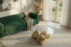 Design Couchtisch SKULL XXL 90cm gold rund Glasplatte Metall Totenkopf handmade