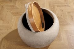 Runder Couchtisch ORBIT 50cm champagner-greige Bouclé Hocker mit Tablett und Stauraum