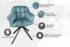 Drehbarer Stuhl PAPILLON petrol Samt schwarze Metallbeine Armlehnen