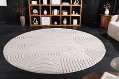 Runder 3D strukturierter Kurzflor Teppich ART DECO 230cm beige creme Hoch-Tief-Effekt