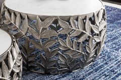 Rundes 2er Set Couchtische ABSTRACT LEAF 70cm weiß silber Marmor Metall Blatt-Design